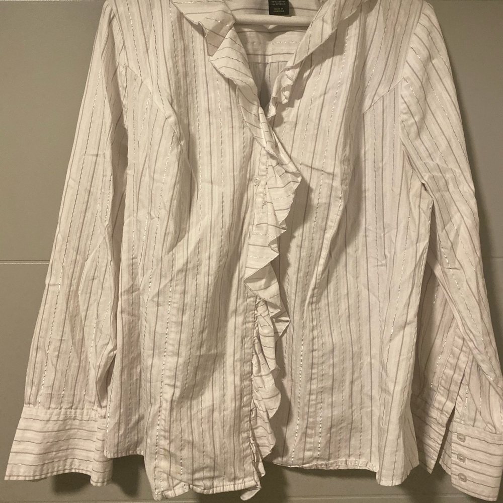 Lane Bryant White ruffled button down Blouse